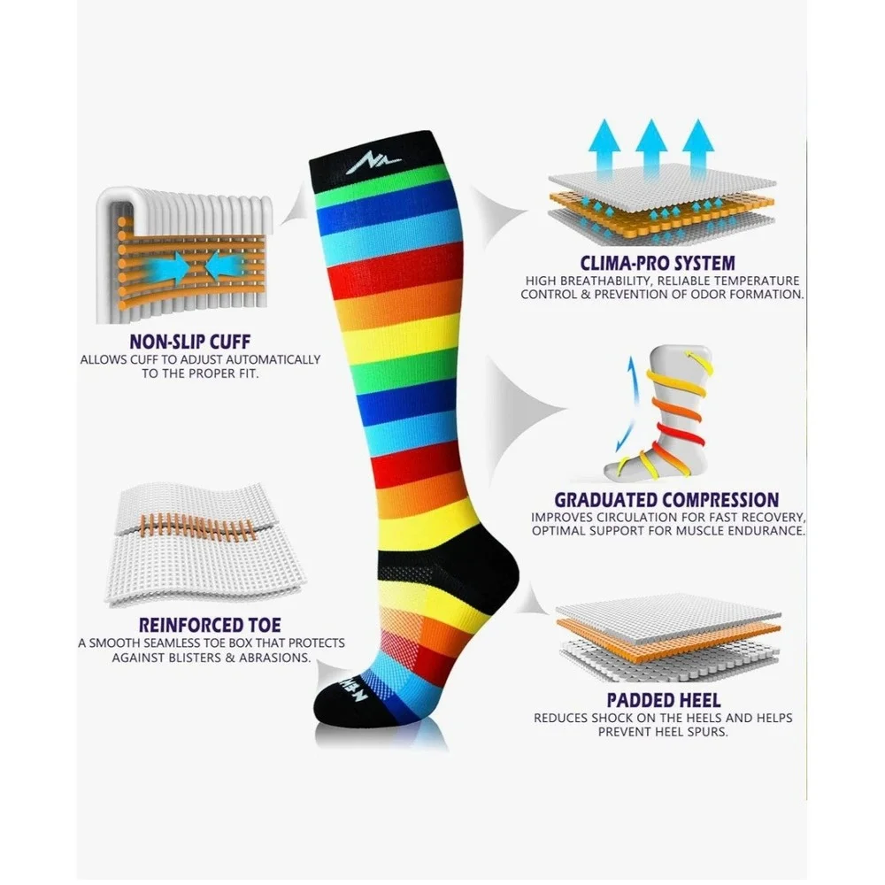 Newzill Rainbow Striped Compression Socks Knee High Athletic‎ Mens Womens L XL